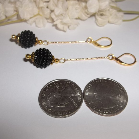 Long Beaded Earrings Black & Gold Bar Stick Set Pair Dangle Drop Elegant 6980 - Picture 6 of 10